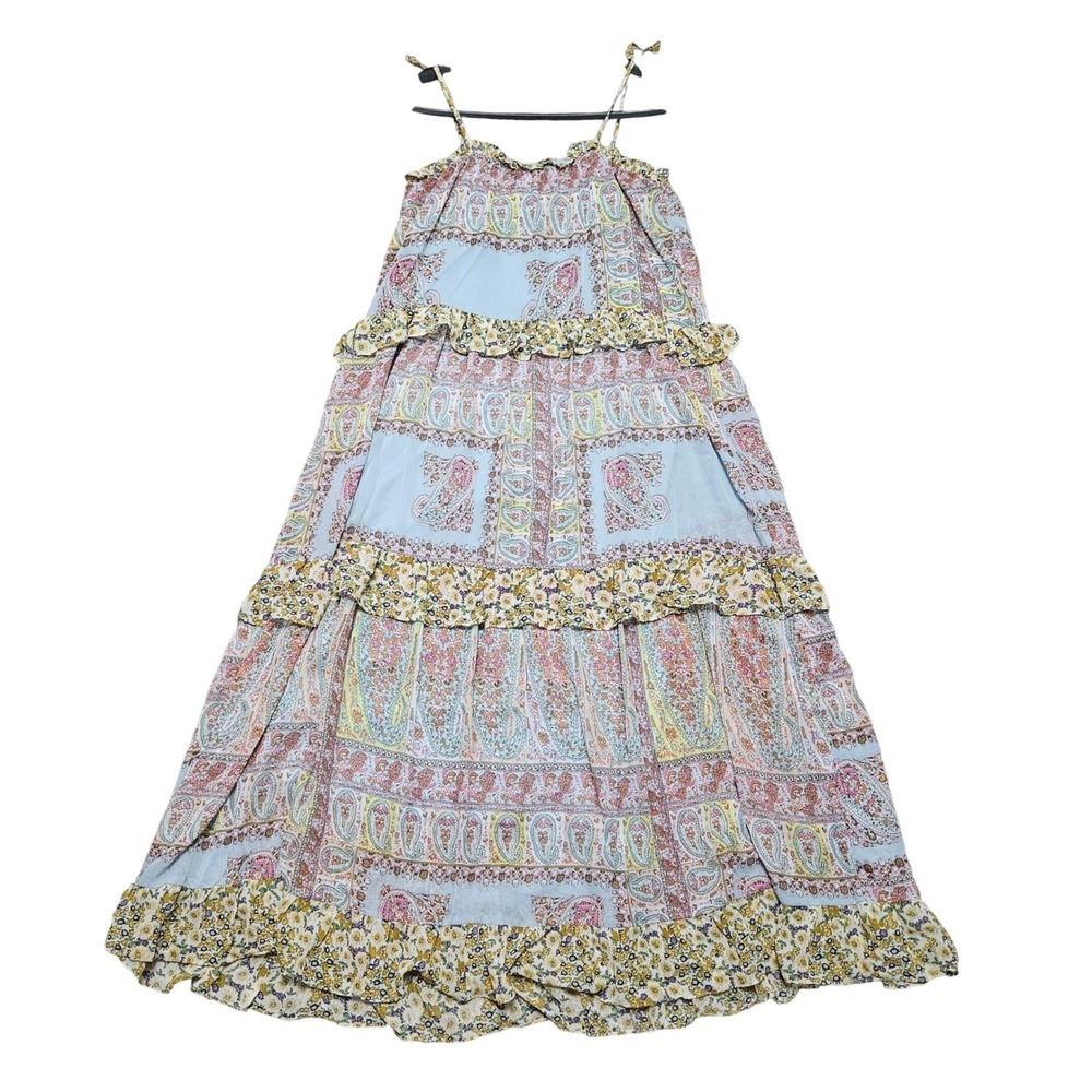 Bohemian Prairie Peasant Gigio USA Maxi Dress Women S Blue Paisley Tiered Ruffle